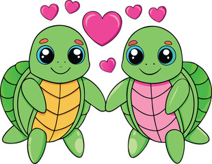 Obraz premium Adorable cartoon turtles holding hands surrounded by pink hearts symbolizing love and friendship