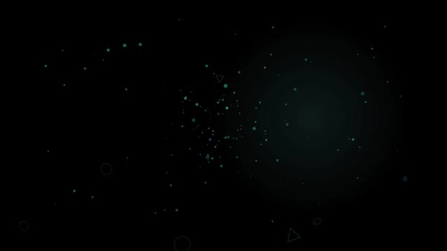 Abstract dark background with glowing teal particles and geometric shapes
