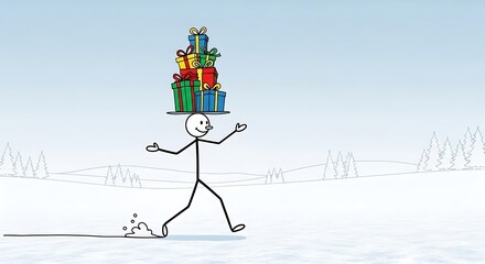 Stick Figure Balancing Colorful Gifts in Winter Landscape, Delivering Holiday Cheer