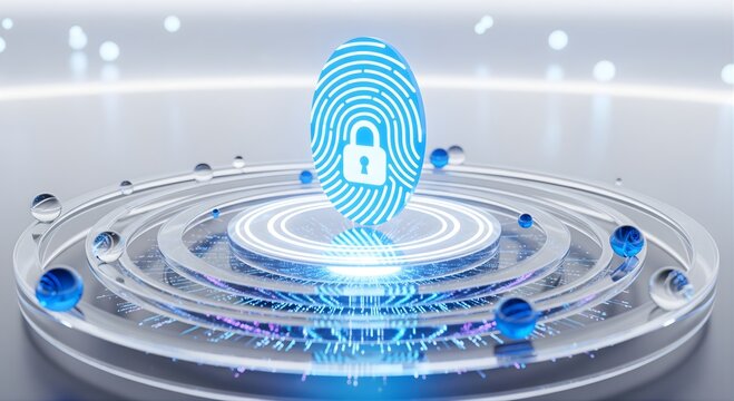 Secure Biometric Access Fingerprint Lock Icon on Futuristic Platform