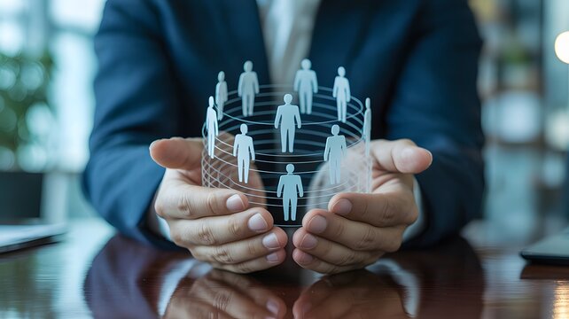 Close up of a person s hands carefully holding a transparent circular structure containing multiple small human silhouette figures representing a team or workforce