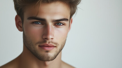 Obraz premium Portrait of a young australian model, age 25, attractive man, publicity poster for skin care. Copy space available. gray background.