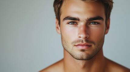 Fototapeta premium Portrait of a young australian model, age 25, attractive man, publicity poster for skin care. Copy space available. gray background.