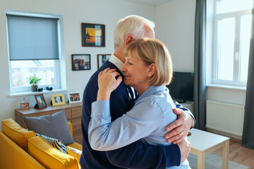 Senior Caucasian man embracing senior Caucasian woman in living room, both closing eyes and smiling gently, showing affection and emotional connection in domestic setting