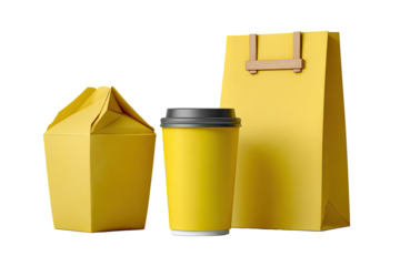 Yellow takeout containers and paper cup