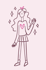 Cute girl doodle. Simple vector illustration on pink background. Hand-drawn cartoon young woman waving hand
