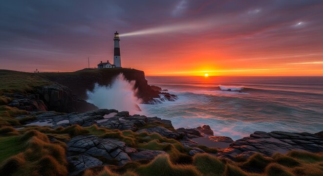 Dramatic lighthouse sunset coastal scene with crashing waves and fiery sky - Powered by Adobe