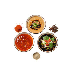 Flavorful array of Asian sauces and spices creates a delicious experience, perfect for culinary projects and vibrant food visuals with an authentic gourmet appeal
