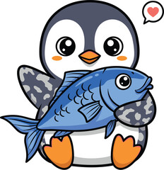 Cute Penguin Holding a Blue Fish Cartoon Illustration on Light Purple Background: Adorable Animal with Seafood for Kids, Nature Loving, Playful, Educational Resources, Marine Life, Wildlife, Happy, He
