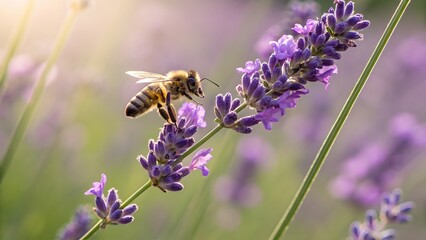 Honeybee gracefully landing on a vibrant lavender flower in a sunlit field, capturing the essence of natures beauty and the delicate dance of pollination
