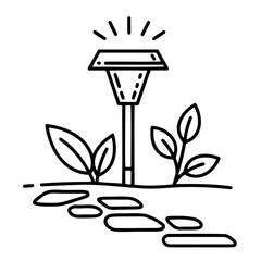 Minimalist black-and-white illustration of solar garden light on stone pathway with leaves. Perfect for landscape design, outdoor decor, and evening ambiance content