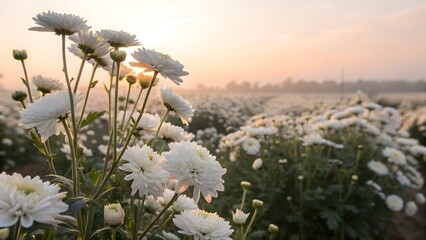 Serene sunrise over a field of white chrysanthemums, with the soft light illuminating the delicate petals and creating a peaceful, dreamy atmosphere