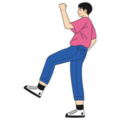 Young Man in Pink T Shirt and Blue Jeans Walking with One Leg Raised in Dynamic Pose Against Transparent Background