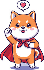 Naklejka premium Cute Shiba Inu Superhero Cartoon Character Flying with Red Cape & Heart Speech Bubble on Light Background - Mascot for Kids' Products, Animal Welfare, Pet Healthcare, Veterinary, Fun Design, Children