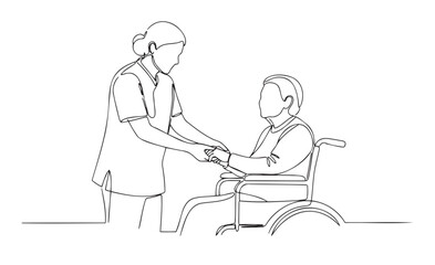 Minimalist black-and-white illustration of nurse gently holding hand of elderly patient in wheelchair. Perfect for geriatric care, mentoring, and compassionate content.