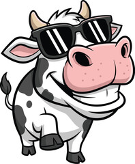 Cool Cartoon Cow Character Smiling Confidently Wearing Sunglasses on White Background for Dairy Farm Marketing and Children's Education Projects with Whimsical Graphic Style and Funny Animal Mascot Il