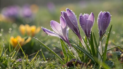 Closeup of purple crocus flowers covered in morning dew, creating a fresh and vibrant spring scene in a natural outdoor setting