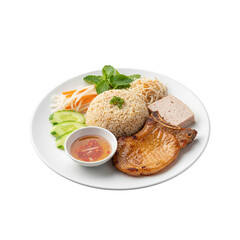 Savory Vietnamese broken rice dish with grilled pork chop and fresh toppings, perfect for a delicious and authentic Asian meal experience, fresh and flavorful