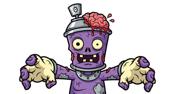 Cartoon Zombie Spray Paint Can Character Attacking with Undead Brains in Urban Graffitti Art Style, Horror Graphic for Halloween, Animated Decoration, Spooky Illustration, Fun Design for Print Merchan