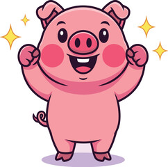 Cheerful Pink Pig Celebrating Success in Cartoon Illustration Style on Light Background, Ideal for Children's Education, Marketing, and Animal-Themed Designs Promoting Joy and Optimism, Use in Digital