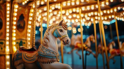 a white carousel horse on a luminous attraction. An elegant white carousel horse with blue and gold inserts on a luminous amusement park ride with festive lights and a fairground atmosphere.