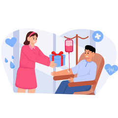 Woman Offers Gift To Man Donor Sitting In Chair With Blood Bag And IV Drip In Medical Room With Heart And Medical Symbols And Transparent Background