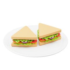 Two Triangle Veggie Sandwiches with Lettuce Tomato Onion and Cheese on White Plate with Transparent Background