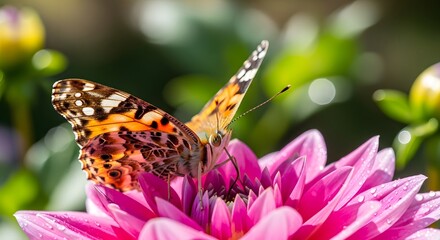 Obraz premium Vibrant painted lady butterfly on a bright pink dahlia flower in sunny garden