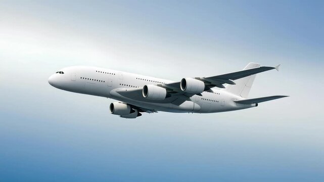White passenger airplane Airbus A380 flying above the clouds in a blue sky background. Corner view low angle. Double decker jumbo jet aircraft with four engine. Modern passenger jet airplane.