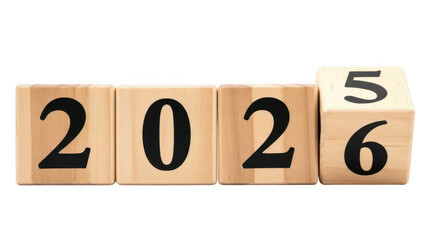 Wooden blocks showing the year 2026 changing to 2027 isolated on transparent background