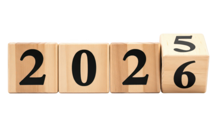 Wooden blocks showing the year 2026 changing to 2027 isolated on transparent background