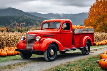 Red vintage truck full of pumpkins on a farm road