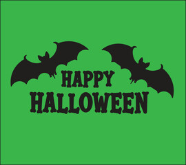 Happy Halloween text with two black bats flying on an green background