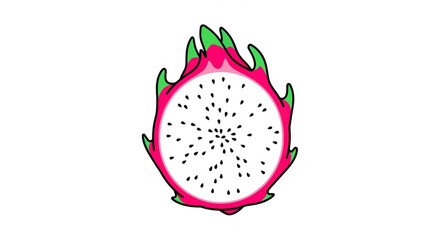 Colorful cartoon dragon fruit half, a tropical pitahaya superfood with vibrant pink skin, green scales, and white flesh dotted with black seeds, isolated