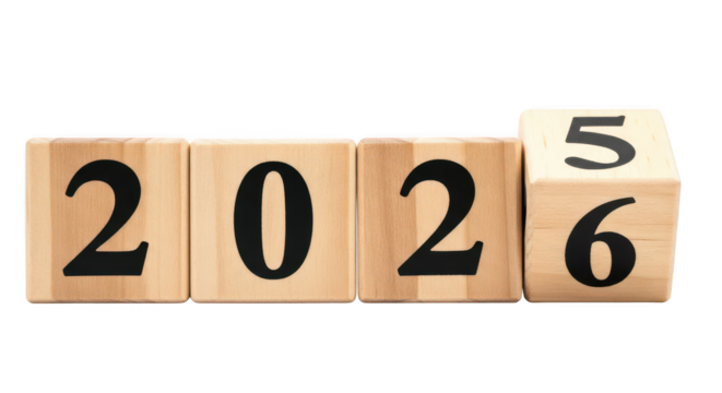 Wooden blocks showing the year 2026 changing to 2027 isolated on transparent background