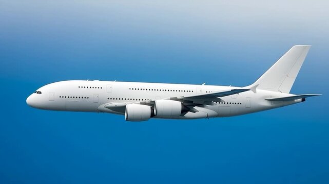 White passenger airplane Airbus A380 flying above the clouds in a blue sky background. Side view angle. Double decker jumbo jet aircraft with four engine. Modern passenger jet airplane.