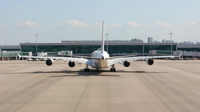 White passenger airplane Airbus A380 taxiing at the airport. Rear view angle. Double decker jumbo jet aircraft with four engine. Modern passenger jet airplane.