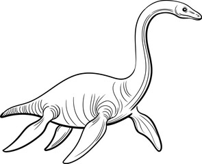 Plesiosaurus, linear illustration. Marine prehistoric reptile with a long neck and four flippers, black and white outline, isolated on white.
