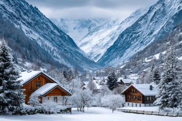 Alpine village nestled in snowy mountain valley during winter