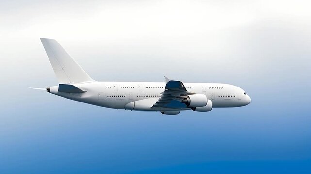 White passenger airplane Airbus A380 flying above the clouds in a blue sky background. Side and rear view angle. Double decker jumbo jet aircraft with four engine. Modern passenger jet airplane.