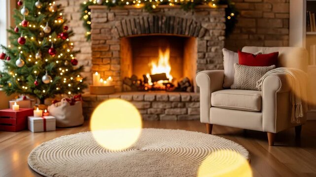 Cozy living room with Christmas tree and fireplace glowing warmly  