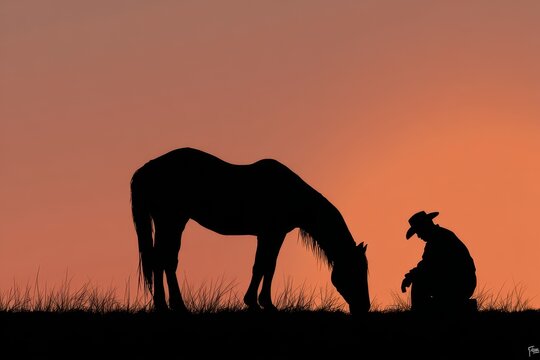 Cowboy Prayer Silhouette. A Reverent Moment with Praying Cowboy and Horse