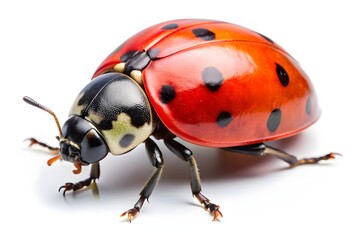 Closeup of a vibrant red ladybug with black spots isolated on white background