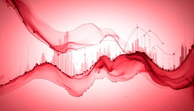 Abstract red gradient artwork with flowing waveforms and integrated data graphics