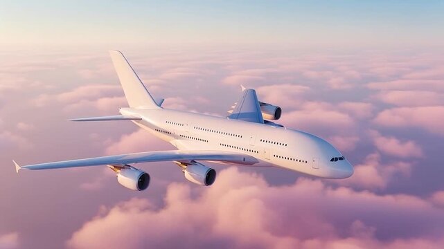 White passenger airplane Airbus A380 flying above the clouds in a blue sky background. Corner view high angle. Double decker jumbo jet aircraft with four engine. Modern passenger jet airplane.