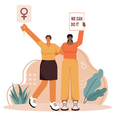 Two Diverse Women Holding Signs Promoting Equality and Empowerment with Abstract Background Elements