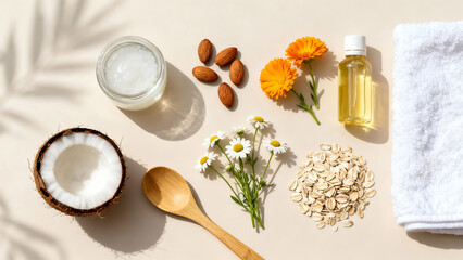 Ayurvedic Baby Care Composition, Top View of Almond and Coconut Oils with Calendula Chamomile Flowers, Natural Organic Botanical Skincare and Herbal Wellness