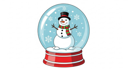 Cartoon snowman in a magical snow globe with snowflakes, wearing a top hat and a festive scarf, standing on a snowy base, perfect for winter and holiday designs