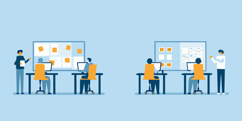 Diverse team collaborating on project tasks using computers and a visual planning board in an office setting