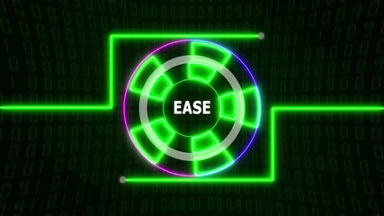 Green circular HUD interface displaying “EASE” text, over a digital data stream background, creating a futuristic heads-up display with high-tech visual effects. - Powered by Adobe